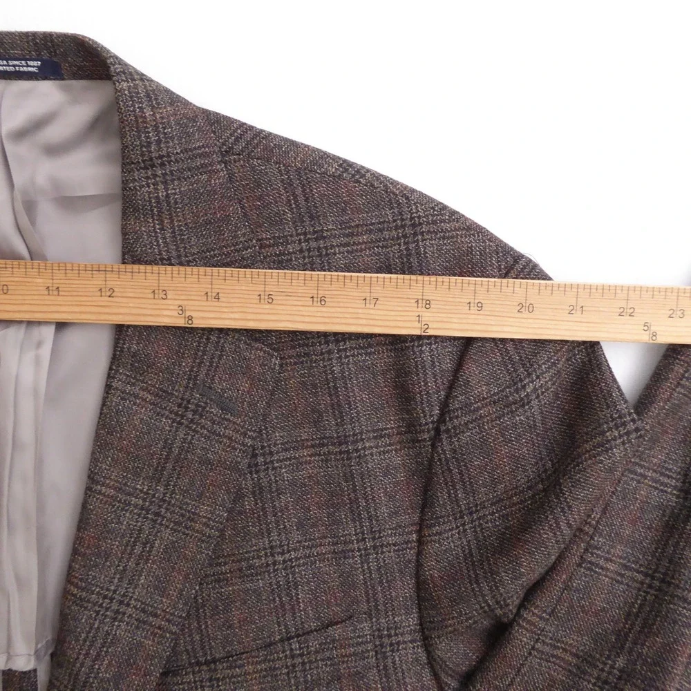 Hart Schaffner Marx Mens Blazer Brown Plaid Wool Two Button Half Lined 48L Long
